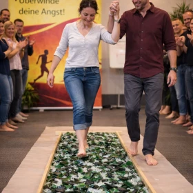 Person läuft mit Guide über Glasscherben