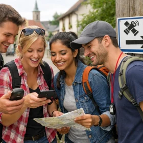 4 Personen schauen gemeinsam auf ein GPS-Gerät