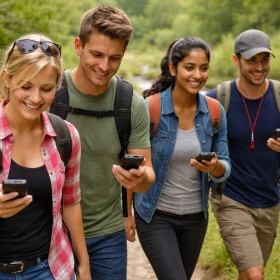 4 Personen laufen mit Hilfe des GPS-Geräts durch den Wald