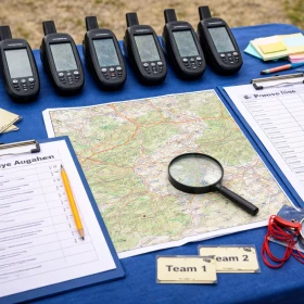 Tisch mit GPS-Geräten, Spielunterlagen und Karten