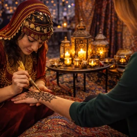 Die detailreiche Nahaufnahme zeigt eine kunstvolle Henna-Malerei auf dem Arm einer Businessfrau während der orientalischen Firmenveranstaltung. Traditionelle Körperkunst trifft hier auf modernes Firmenevent und schafft ein einzigartiges kulturelles Highlight.