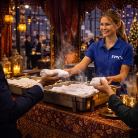 Am orientalisch geschmückten Begrüßungsstand werden Businessgäste mit heißen Tüchern empfangen – ein stilvoller Auftakt für die Firmenfeier oder Weihnachtsfeier. Die freundliche Eventmitarbeiterin im gebrandeten Polo sorgt für einen professionellen und zugleich authentischen Empfang.