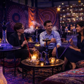 Die mobile Shishabar ist ein Highlight der orientalischen Firmenfeier und lädt Businessgäste in stilvollem Ambiente zum entspannten Austausch ein. Warme Lichtakzente, edle Wasserpfeifen und orientalische Dekoration sorgen für ein exklusives Eventerlebnis.