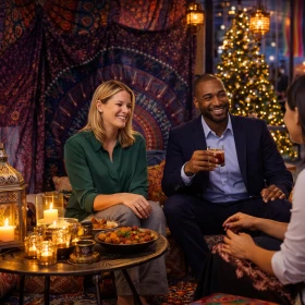 In der liebevoll dekorierten orientalischen Lounge genießen Businessgäste eine stilvolle Firmenveranstaltung mit Teppichen, Laternen und traditionellen Sitzkissen. Das authentische Ambiente schafft eine entspannte Networking-Atmosphäre für Incentives, Jahresabschlüsse und Mitarbeiterfeste.