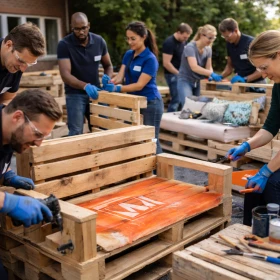 Mitarbeitende planen, verschrauben und montieren gemeinsam individuelle Möbelstücke aus Europaletten im Rahmen eines nachhaltigen Firmenevents. Der Palettenmöbelbau als Teambuilding-Maßnahme stärkt Kommunikation, Kreativität und soziale Verantwortung im Unternehmen.