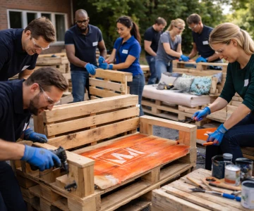 Mitarbeitende planen, verschrauben und montieren gemeinsam individuelle Möbelstücke aus Europaletten im Rahmen eines nachhaltigen Firmenevents. Der Palettenmöbelbau als Teambuilding-Maßnahme stärkt Kommunikation, Kreativität und soziale Verantwortung im Unternehmen.