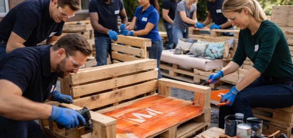 Mitarbeitende planen, verschrauben und montieren gemeinsam individuelle Möbelstücke aus Europaletten im Rahmen eines nachhaltigen Firmenevents. Der Palettenmöbelbau als Teambuilding-Maßnahme stärkt Kommunikation, Kreativität und soziale Verantwortung im Unternehmen.