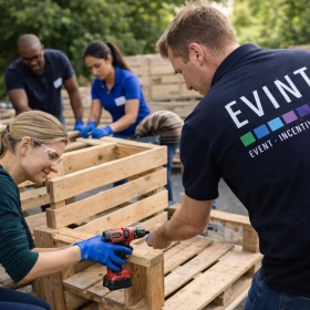 Unter professioneller Anleitung eines Guides arbeiten die Teilnehmenden konzentriert an den ersten Bauabschnitten ihres Palettenmöbel-Projekts. Das strukturierte Teambuilding-Event kombiniert handwerkliche Praxis mit klarer Anleitung und sorgt für Sicherheit, Motivation und gemeinsame Erfolgserlebnisse.