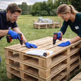Zwei Mitarbeitende bauen im Rahmen eines nachhaltigen Teambuilding-Events gemeinsam einen Tisch aus Europaletten auf einer grünen Wiese. Das Outdoor-Firmenevent verbindet handwerkliche Teamarbeit mit Kreativität und stärkt Kommunikation sowie Zusammenhalt im Unternehmen.
