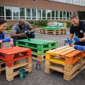 Auf dem Parkplatz vor dem Firmengebäude gestalten Mitarbeitende farbenfrohe Palettenmöbel im Rahmen eines kreativen Teamevents. Das aktive Firmenevent fördert Teamgeist, Nachhaltigkeit und gemeinsames Engagement durch praktisches Arbeiten mit Holz und Farbe.