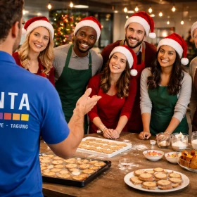 Ein erfahrener Guide in einem blauen Polo mit Firmenlogo erklärt einer Gruppe von Teilnehmern die nächsten Schritte beim Plätzchenbacken. Die Mitarbeiter hören aufmerksam zu und stehen gemeinsam um eine Arbeitsfläche mit Backzutaten – ideal für strukturierte Teambuilding-Events und Firmen-Weihnachtsfeiern.