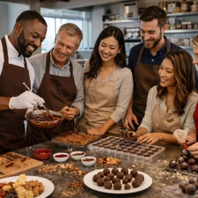 Eine diverse Gruppe von Mitarbeitern nimmt an einem interaktiven Pralinen-Workshop in einer hellen Eventlocation teil. Unter Anleitung entstehen feine Trüffel, Ganache und handgefertigte Schokoladenkreationen. Das gemeinsame Arbeiten stärkt Teamgeist und sorgt für ein besonderes Firmenerlebnis.