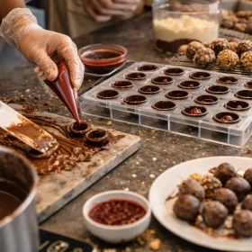 Nahaufnahme eines Pralinen-Workshops, bei dem Teilnehmer Schokolade temperieren und Pralinenformen mit fruchtiger Füllung befüllen. Hochwertige Zutaten wie Nüsse, Ganache und Kuvertüre liegen griffbereit auf der Arbeitsfläche. Diese Detailansicht zeigt die handwerkliche Präzision und den Genussfaktor eines professionellen Schokoladenkurses.