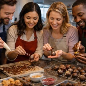 Teilnehmer eines Firmenevents verzieren gemeinsam handgemachte Pralinen mit Schokolade, Nüssen und Toppings. Die konzentrierte und zugleich entspannte Atmosphäre fördert Kreativität und Austausch im Team. Solche Workshops sind ideal für Teambuilding und Weihnachtsfeiern mit Genuss.