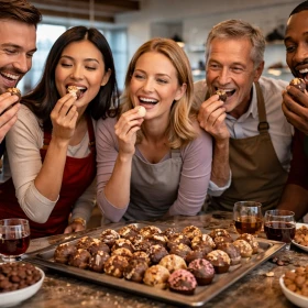 Teilnehmer eines Pralinenkurses genießen bei einer Verkostung verschiedene Schokoladenkreationen und tauschen sich aus. Die entspannte Atmosphäre lädt zum Probieren, Bewerten und gemeinsamen Erleben ein. Eine Schokoladenverkostung rundet jedes Firmenevent genussvoll ab und bleibt nachhaltig in Erinnerung.