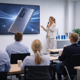 In einem klassischen Seminarraum wird ein neues Produkt professionell vor Mitarbeitenden und Geschäftspartnern präsentiert. Dieses interne Firmenevent eignet sich ideal für Schulungen, Rollouts und strukturierte Produkteinführungen im B2B-Bereich.