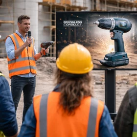 Auf einer Baustelle wird ein Produkt praxisnah vor Fachpublikum in Arbeitskleidung und Sicherheitsausrüstung vorgestellt. Diese authentische Produkteinführung im realen Arbeitsumfeld stärkt die Glaubwürdigkeit und zeigt die Anwendung direkt in der Praxis.