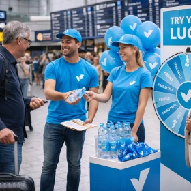 Dieses Bild zeigt eine professionelle Promotion-Aktion in einer stark frequentierten Bahnhofshalle, bei der zwei Promoter gezielt Passanten ansprechen und Produktproben verteilen. Das aufmerksamkeitsstarke Glücksrad und gebrandete Werbematerialien sorgen für hohe Interaktion und steigern die Markenpräsenz direkt vor Ort. Solche Live-Marketing-Maßnahmen sind ideal, um Zielgruppen emotional zu erreichen und nachhaltige Kundenerlebnisse zu schaffen.