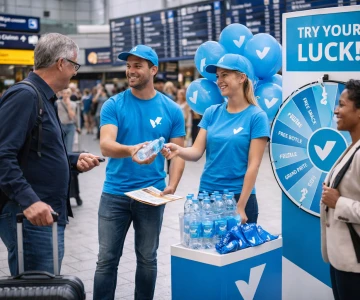 Dieses Bild zeigt eine professionelle Promotion-Aktion in einer stark frequentierten Bahnhofshalle, bei der zwei Promoter gezielt Passanten ansprechen und Produktproben verteilen. Das aufmerksamkeitsstarke Glücksrad und gebrandete Werbematerialien sorgen für hohe Interaktion und steigern die Markenpräsenz direkt vor Ort. Solche Live-Marketing-Maßnahmen sind ideal, um Zielgruppen emotional zu erreichen und nachhaltige Kundenerlebnisse zu schaffen.