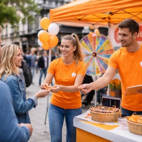 Auf diesem Bild ist eine authentische Promotion-Aktion in einer belebten Innenstadt zu sehen, bei der zwei Promoter aktiv Produktproben an Passanten verteilen. Der auffällige Promotion-Stand mit Gewinnspiel-Elementen wie einem Glücksrad zieht gezielt Aufmerksamkeit auf sich und fördert die Kundeninteraktion. Diese Form der Sales Promotion eignet sich perfekt, um Marken sichtbar zu machen und direktes Feedback von potenziellen Kunden zu erhalten.