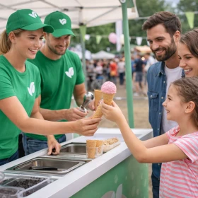 Das Bild zeigt eine sympathische Promotion-Aktion auf einem Outdoor-Event, bei der ein Team kostenlos Eis an Besucher verteilt und so für positive Markenerlebnisse sorgt. Durch den persönlichen Kontakt und die emotionale Ansprache entsteht eine direkte Verbindung zwischen Marke und Zielgruppe. Solche Promotion-Events sind besonders wirkungsvoll, um Markenbindung aufzubauen und das Image nachhaltig zu stärken.