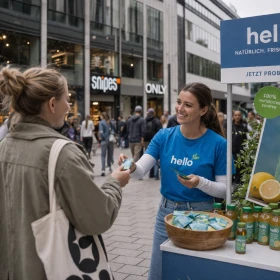 Dieses Bild zeigt eine moderne Promotion-Kampagne in einer urbanen Einkaufsstraße, bei der eine Promoterin aktiv Produktproben an Passanten verteilt. Der professionell gestaltete Promotion-Stand mit klarer Markenbotschaft sorgt für hohe Sichtbarkeit und unterstützt eine effektive Kundenansprache. Solche Aktionen sind ein zentraler Bestandteil erfolgreicher Marketingstrategien, um neue Kunden zu gewinnen und die Markenbekanntheit zu steigern.