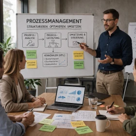 Dieses Bild zeigt ein professionelles Prozessmanagement-Coaching, bei dem ein Trainer komplexe Geschäftsprozesse anschaulich auf einem Whiteboard erklärt. Die Teilnehmenden analysieren gemeinsam Abläufe, Kennzahlen (KPIs) und Optimierungspotenziale in einem modernen Meetingraum. Ideal zur Darstellung von Prozessoptimierung, Business Coaching und effizientem Projektmanagement im Unternehmen.