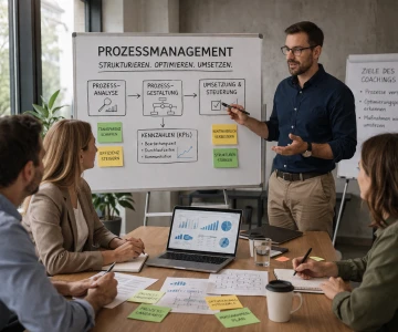Dieses Bild zeigt ein professionelles Prozessmanagement-Coaching, bei dem ein Trainer komplexe Geschäftsprozesse anschaulich auf einem Whiteboard erklärt. Die Teilnehmenden analysieren gemeinsam Abläufe, Kennzahlen (KPIs) und Optimierungspotenziale in einem modernen Meetingraum. Ideal zur Darstellung von Prozessoptimierung, Business Coaching und effizientem Projektmanagement im Unternehmen.