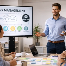 In dieser Szene präsentiert ein Coach praxisnahes Prozessmanagement und vermittelt Methoden zur Analyse und Optimierung von Unternehmensprozessen. Die Business-Teilnehmenden arbeiten aktiv mit, diskutieren Strategien und entwickeln Lösungen zur Effizienzsteigerung. Perfekt geeignet für Inhalte rund um Coaching, Prozessberatung und strategische Unternehmensentwicklung.
