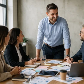 Das Bild zeigt eine interaktive Teamsitzung im Rahmen eines Prozessmanagement-Coachings, bei der Mitarbeitende gemeinsam an strukturierten Abläufen arbeiten. Durch offene Kommunikation und Zusammenarbeit werden Geschäftsprozesse analysiert und verbessert. Eine authentische Darstellung für Teamentwicklung, Business Coaching und moderne Arbeitsmethoden.