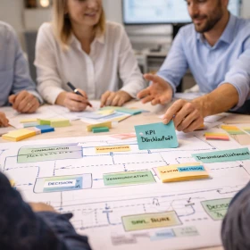 Das Bild zeigt eine interaktive Teamsitzung im Rahmen eines Prozessmanagement-Coachings, bei der Mitarbeitende gemeinsam an strukturierten Abläufen arbeiten. Durch offene Kommunikation und Zusammenarbeit werden Geschäftsprozesse analysiert und verbessert. Eine authentische Darstellung für Teamentwicklung, Business Coaching und moderne Arbeitsmethoden.