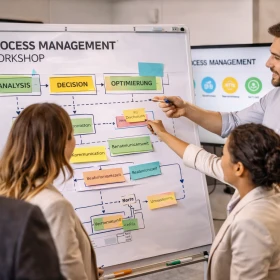 Hier arbeiten mehrere Fachkräfte gemeinsam an einem detaillierten Prozessdiagramm mit Post-its und visuellen Strukturen. Das Coaching fördert die Analyse von Arbeitsabläufen sowie die Entwicklung effizienter und nachhaltiger Prozesslösungen. Ideal für SEO-Themen wie Prozessmanagement, Lean Management und Unternehmensoptimierung.