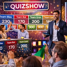 Eine authentische Quizrunde bei einem Firmenevent zeigt engagierte Teams, die gemeinsam rätseln, lachen und ihr Wissen unter Beweis stellen. Die interaktive Moderation und dynamische Spielstruktur machen dieses Event zu einem effektiven Teambuilding-Erlebnis mit hohem Spaßfaktor.
