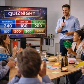Ein interaktiver Quizabend im Büro bringt Teams zusammen und sorgt für eine lockere, motivierende Atmosphäre mit spannenden Fragen und Team-Challenges. Mitarbeitende sitzen gemeinsam an Tischen, diskutieren Antworten und stärken durch das Teamevent nachhaltig Kommunikation und Zusammenarbeit.