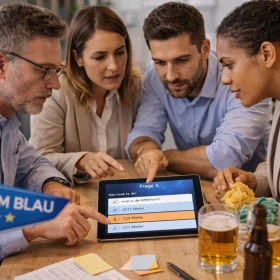 Ein Team diskutiert intensiv die richtige Antwort bei einer Quizshow Firmenfeier und arbeitet gemeinsam an einer Lösung auf einem Tablet. Die Szene zeigt authentisches Teambuilding im Büro, bei dem Kommunikation, Zusammenarbeit und strategisches Denken im Fokus stehen. Perfekt geeignet zur Darstellung eines interaktiven Quiz-Events für Unternehmen und Mitarbeitermotivation.