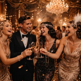 Personen sind im 20er Jahre Stil gekleidet und stoßen gemeinsam mit einem Glas Sekt an