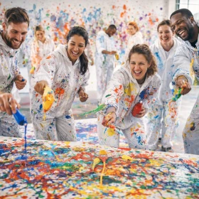 Personen bemalen eine Leinwand mit bunten Farben