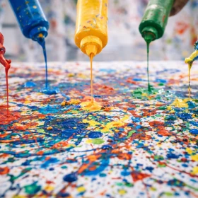 mehrere Farbtuben tropfen Farbe auf eine Leinwand
