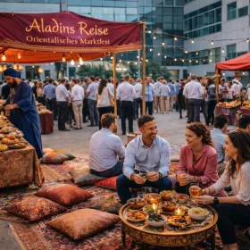 Personen sitzten gemütlich auf Sitzkissen bei ihrem orientalischen Firmenmarkt auf dem Firmengelände