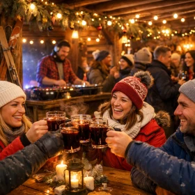 Personen stoßen mit dem Glühwein in einer Après-Ski Location an