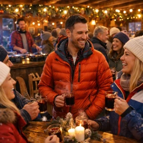 Personen unterhalten sich in einer rustikalen Location mit einem Glühwein in der Hand