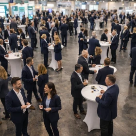 mehrere Personen stehen auf einer Messe an Stehtischen und unterhalten sich