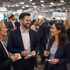 3 Personen unterhalten sich auf einer Messe und machen sich Notizen