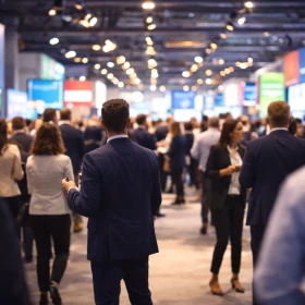 Einblick auf einen gut gefüllten Messegang mit mehreren Ständen