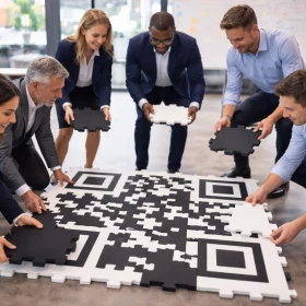eine Gruppe erstellt gemeinsam einen QR Code mit mehreren Puzzleteilen