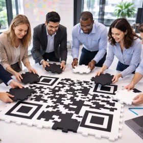 Personen versuchen gemeinsam einen QR Code mit Puzzleteilen zu erstellen