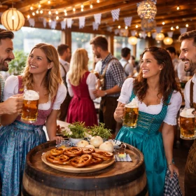 Personen stehen gemeinsam in einer bayrisch geschmückten Location und unterhalten sich