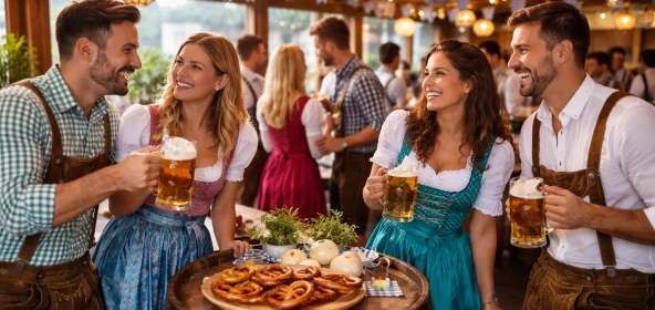 Personen stehen gemeinsam in einer bayrisch geschmückten Location und unterhalten sich