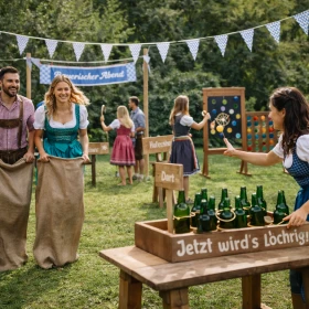 Spielstationen: Sackhüpfen und Ringewerfen auf einer grünen Wiese