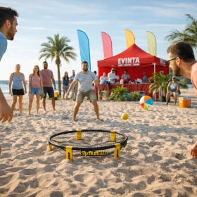 Spielstation Spikeball wird in einer Strandlocation gespielt
